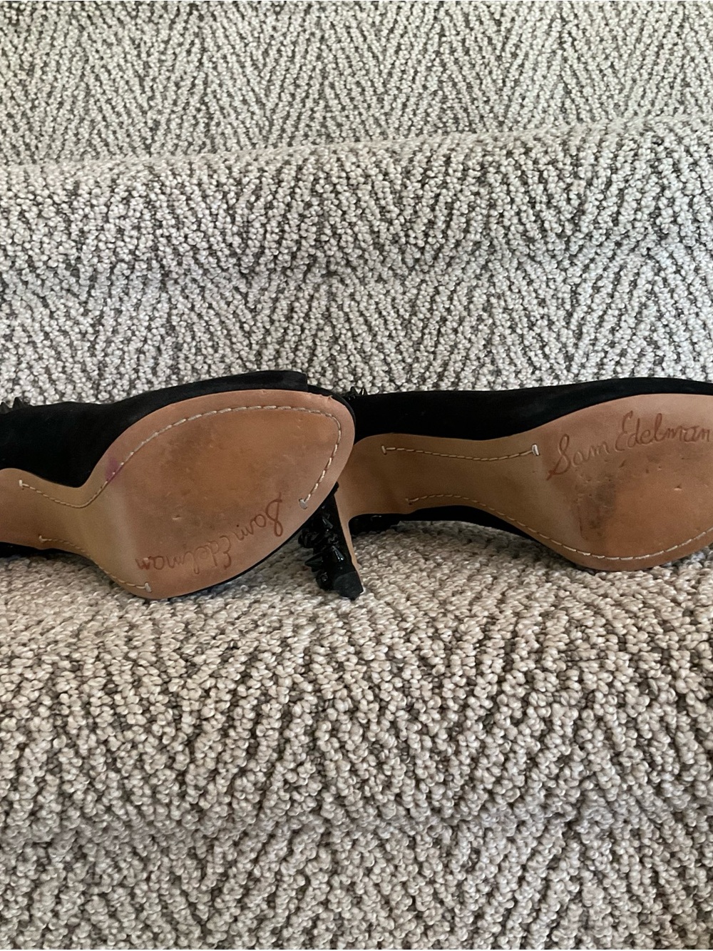 Sam Edelman Black Suede Peep-Toe Pumps with Studded Heel - Picture 4 of 5